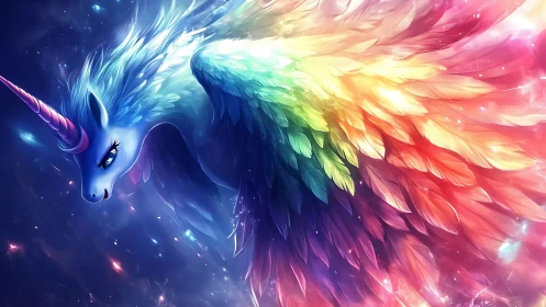 Winged unicorn with iridescent plumage in cosmic space.