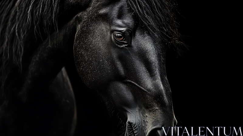 Midnight black horse gazes softly from the gentle shadows