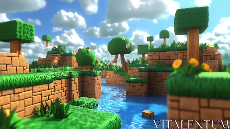 3D Rendered Voxel Landscape with Water, Vegetation, Architecture
