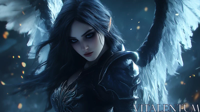 Midnight winged warrior poised between shadow and starlight.