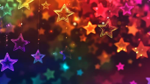 Glowing neon star ornaments hang over soft bokeh lights