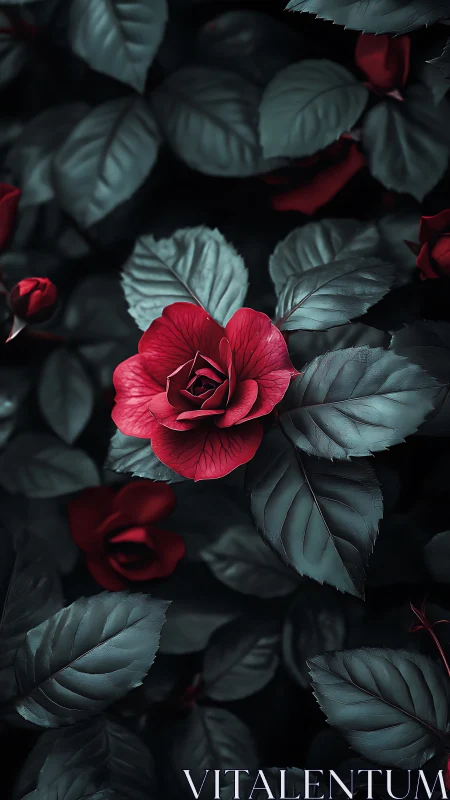 Crimson Roses with Pale Sage Foliage in Dark Moody Setting
