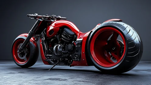 Red custom concept motorcycle with oversized rear wheel.