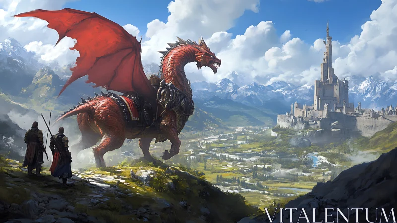 Armored red dragon overlooks distant mountain citadel