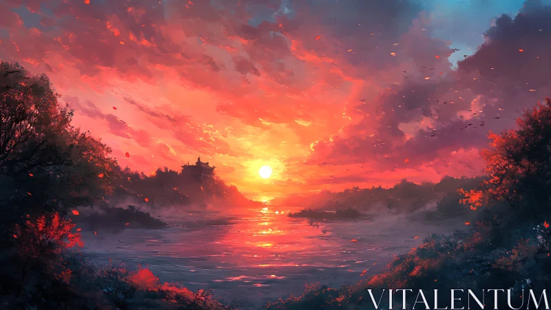 Sunset river glow embracing misty hills and quiet trees.