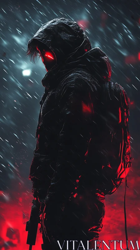 Hooded cybernetic sentry stands in neon red rain-soaked alley