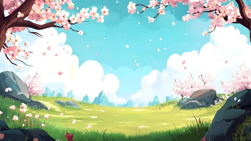 Digital landscape with cherry trees and distant city skyline.