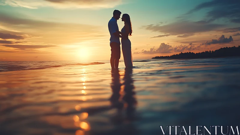Silhouetted Couple Embracing at Sunset Beach with Golden Hour Reflection