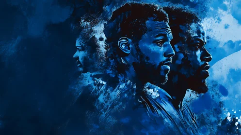 Layered blue portrait triptych explores identity in profile