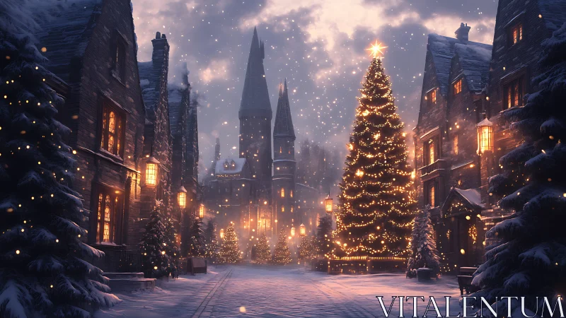 Snowy village street with large illuminated Christmas tree.