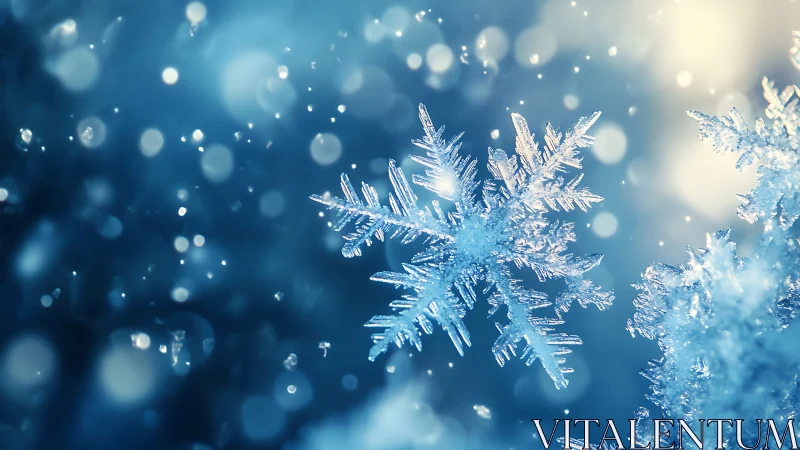 Macro crystalline snowflakes in shallow depth-of-field bokeh.