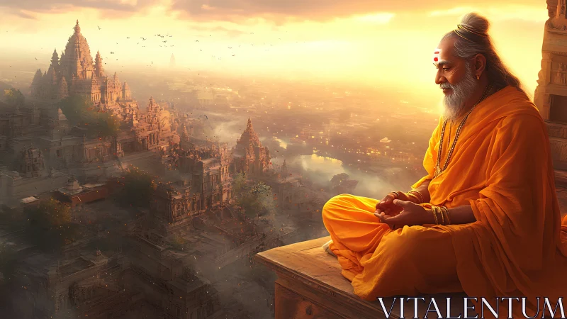 Sunlit sage overlooking golden temple labyrinths at dawn.