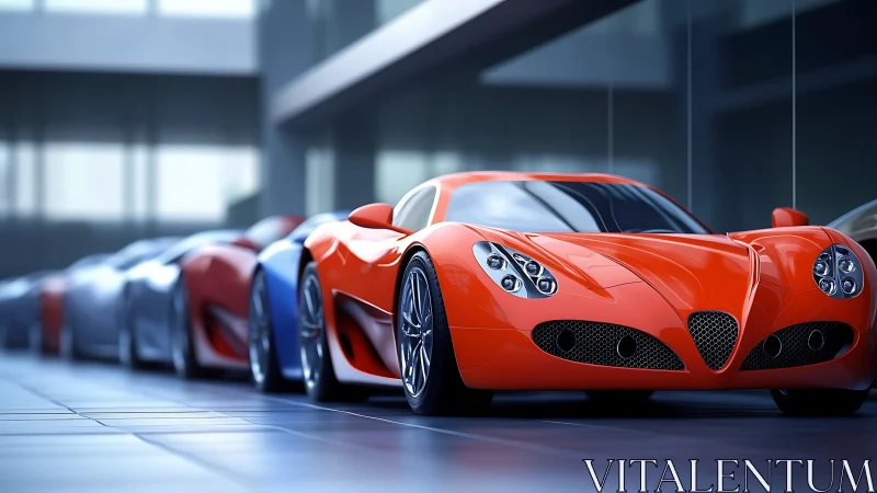 Orange aerodynamic supercar in glass-walled showroom lineup