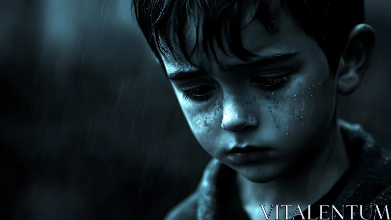 Quiet boy in the rain holding unspoken blue-tinted sorrows.