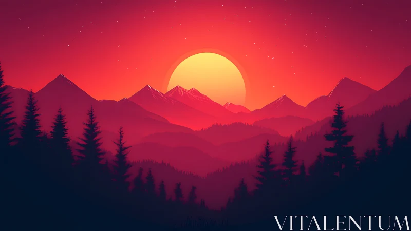 Crimson twilight sun melting behind midnight pine ridges.