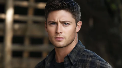 Brooding young man gazes forward in soft outdoor light