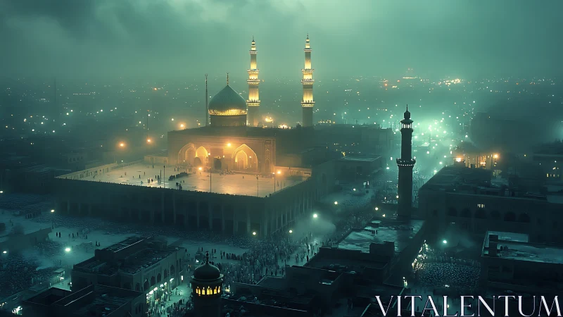 Golden mosque aglow in misty night city skyline hush.