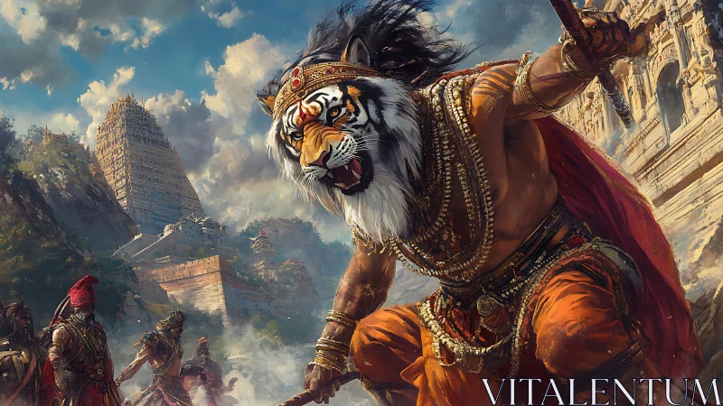 Tiger-headed warrior lunges before monumental temple stronghold