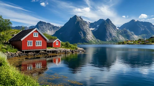 Scarlet fjord cabins mirrored beneath towering Nordic peaks.