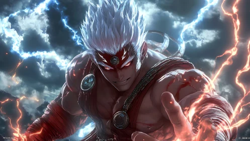 Storm-charged warrior reaches through crackling skyward fury.