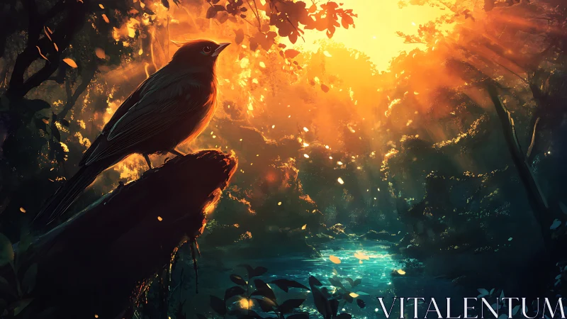 Backlit forest songbird on mossed log in volumetric dawn glow.