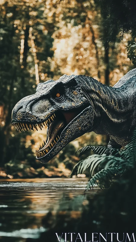 Predatory dinosaur stalks jungle river in warm backlight.