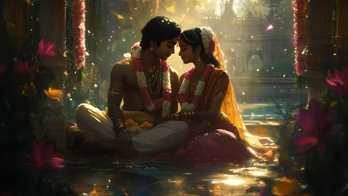 Two souls embrace in golden temple light during their sacred wedding ceremony.