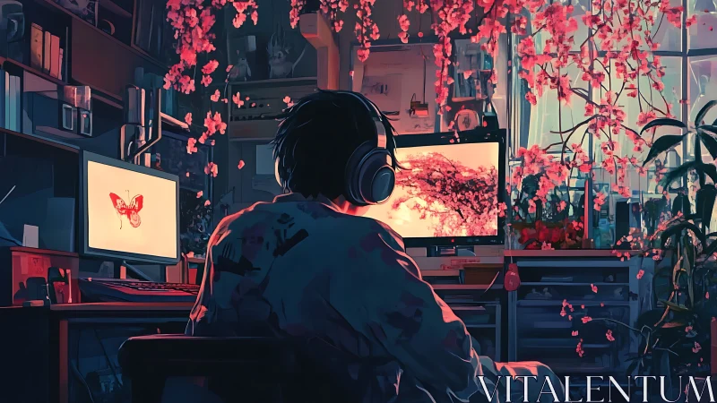 Solitary creator works by glowing screens under soft blossoms