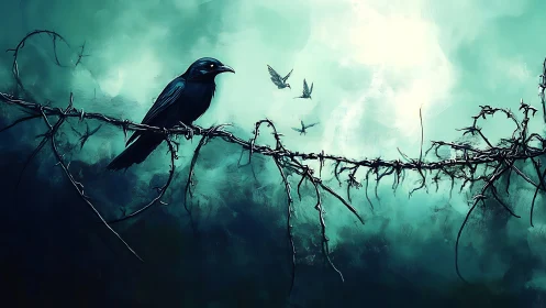 Dark corvid on thorny branch rendered in high contrast teal atmosphere
