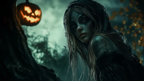 Hooded forest wraith pauses beneath a taunting jack-o’-lantern