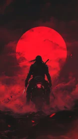 Silhouetted cyber ronin on motorcycle before blood-red moon