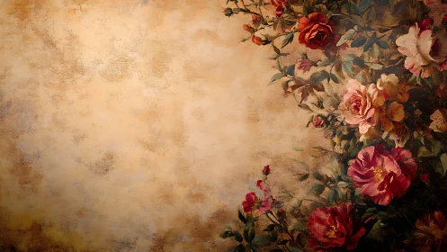 Romantic vintage roses frame warm textured background.