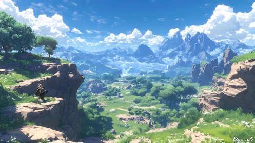 Expansive cel-shaded valley panorama with distant jagged mountains