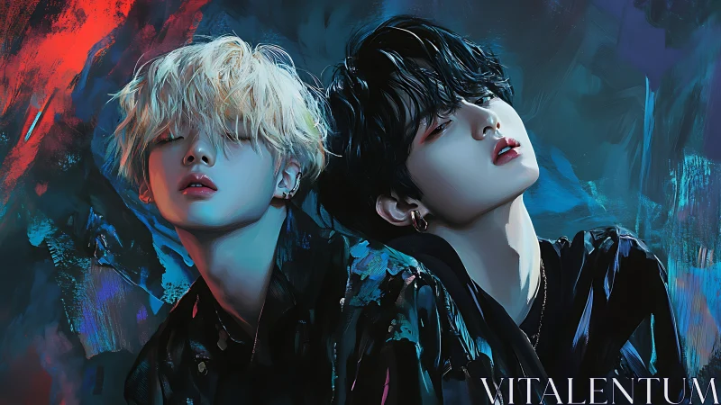 Velvet neon twins drifting through midnight color storms.