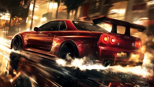 Street racer drifts through neon city rain at high speed.