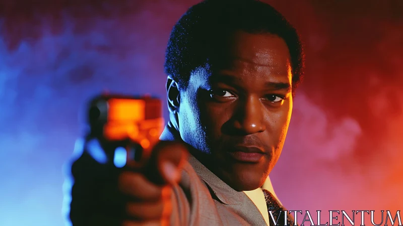 Stoic detective aims forward in neon blue and ember haze.