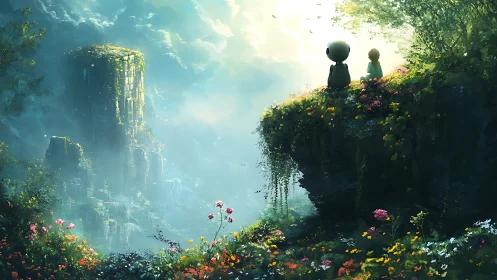 Children gaze over misty fantasy valley from flowered cliff