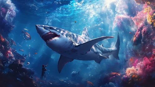 Colossal shark glides through radiant coral kingdom.