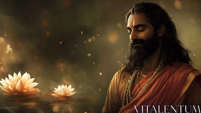 Meditating Hindu sage with lotus flowers in warm bokeh haze