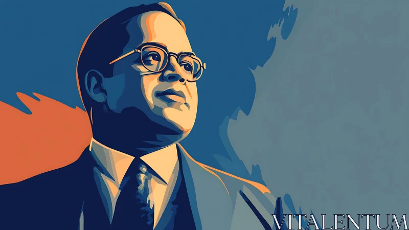 Stylized portrait of suited man rendered in flat color planes