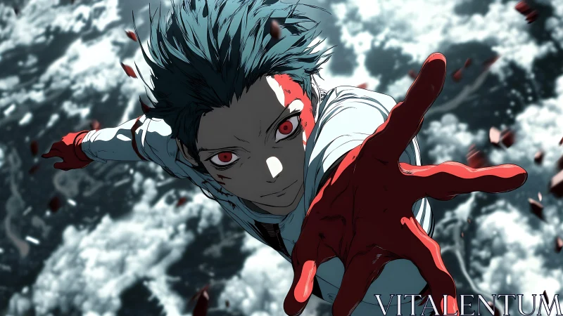 Anime character reaches forward with blood stained hand midair