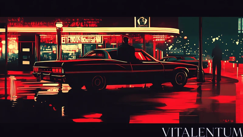 Neon-lit noir boulevard with silhouetted muscle car scene.