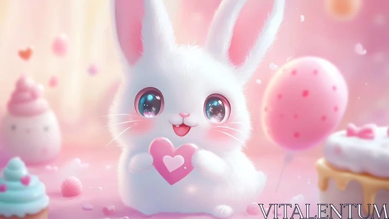 White bunny holding pink heart in soft pastel scene.
