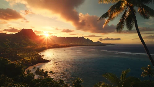 Golden sunset pours warmth over a tranquil tropical bay
