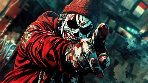 Masked street vandal confronts viewer in neon-soaked chaos