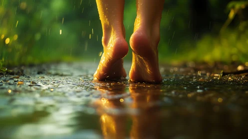 Bare wet feet walk through shallow rainwater on a path