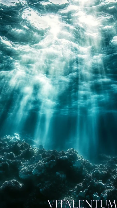 Sunlight beams penetrate clear turquoise ocean water.