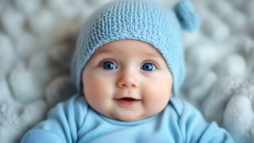 Happy Baby in Blue Beanie and Outfit