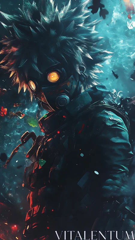 Masked cyber soldier with glowing goggles in teal haze.