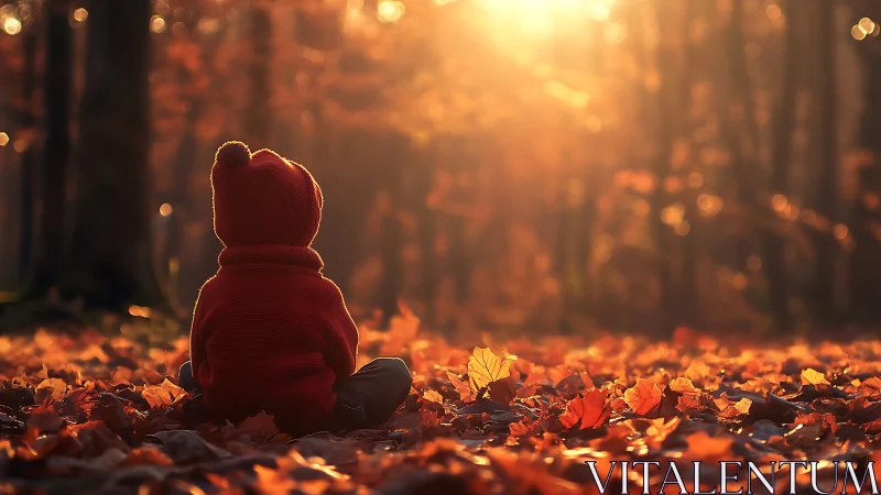 Backlit child in red hoodie seated amid sunlit autumn foliage